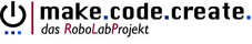 Lgog: Schriftzug make.code.create - das RoboLabProjekt plus Powersymbol von Elektrogeräten/Fernsehern