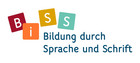 Logo: BISS als einzelne Buchstaben in farbigen Quadraten, darunter Bildung durch Sprache und Schrift